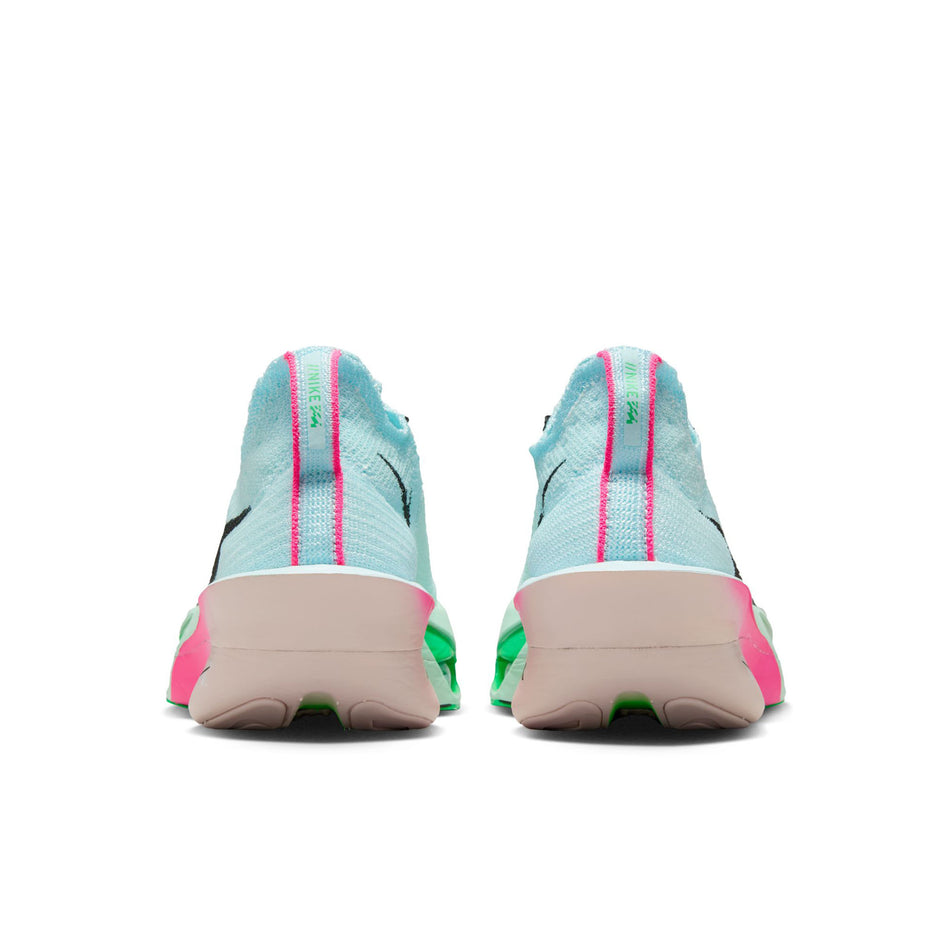The back of a pair of Nike Women's Alphafly 3 Road Racing Shoes in the Glacier Blue/Black-Mint Foam-Green Shock colourway. (8684602917026)