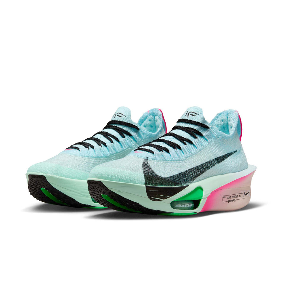 A pair of Nike Women's Alphafly 3 Road Racing Shoes in the Glacier Blue/Black-Mint Foam-Green Shock colourway. (8684602917026)