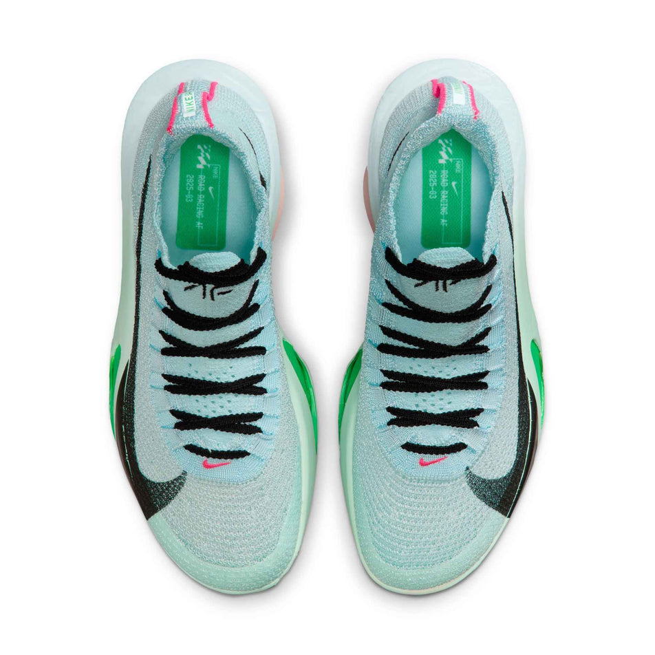 The uppers of a pair of Nike Women's Alphafly 3 Road Racing Shoes in the Glacier Blue/Black-Mint Foam-Green Shock colourway. (8684602917026)