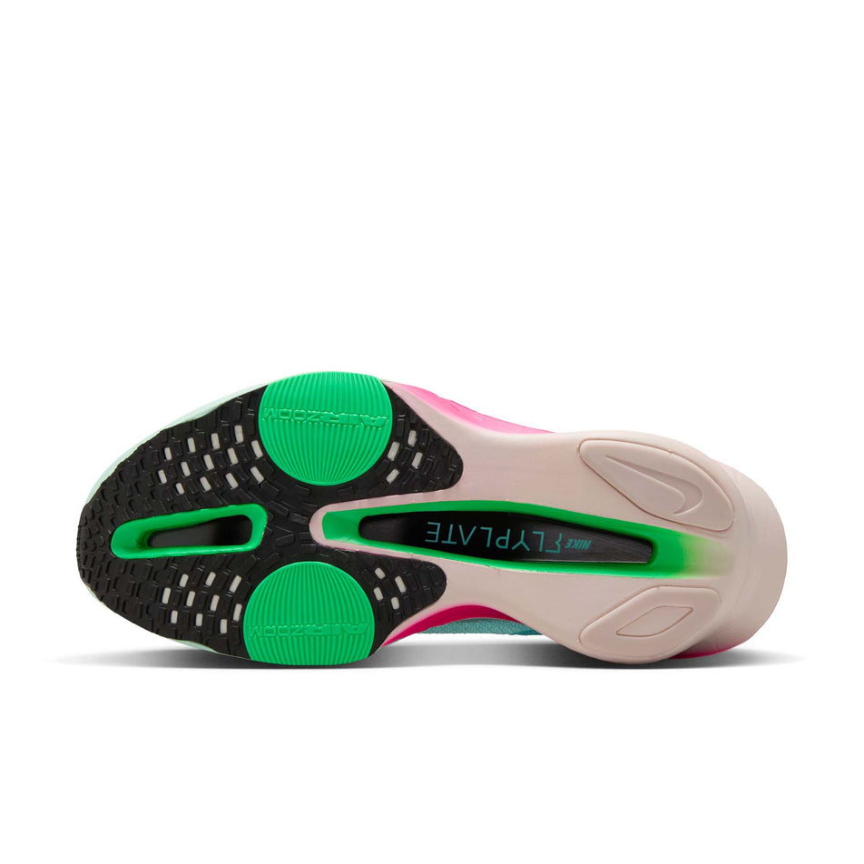 The outsole of the left shoe from a pair of Nike Women's Alphafly 3 Road Racing Shoes in the Glacier Blue/Black-Mint Foam-Green Shock colourway. (8684602917026)