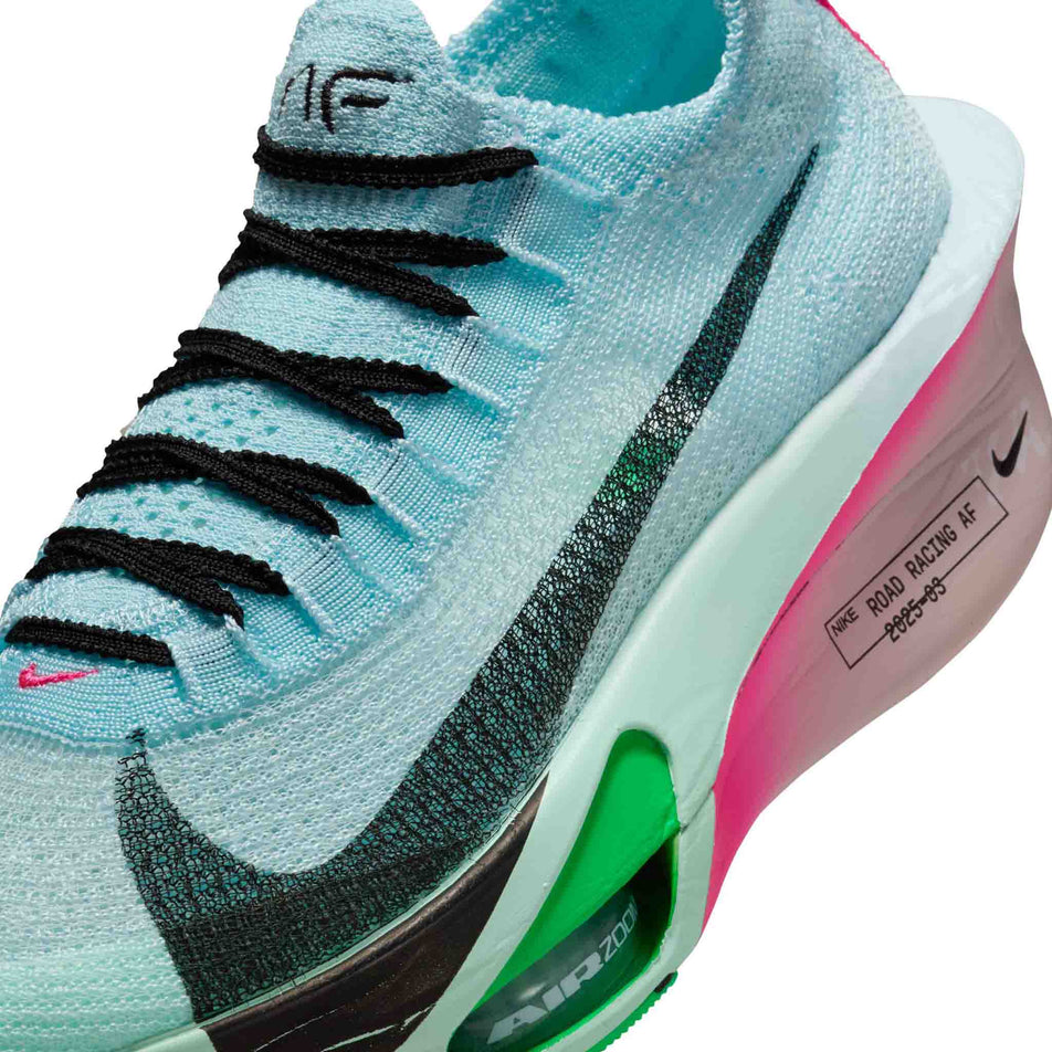 Close up of the upper of the left shoe from a pair of Nike Women's Alphafly 3 Road Racing Shoes in the Glacier Blue/Black-Mint Foam-Green Shock colourway. (8684602917026)