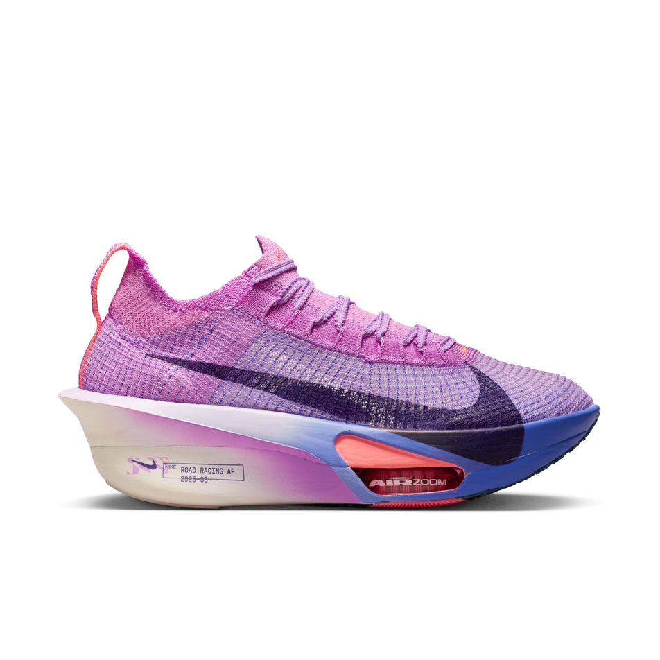 Lateral view of the right shoe from a pair of Nike Women's Alphafly 3 Road Racing Shoes in the Fuchsia Glow/Purple Dynasty colourway.