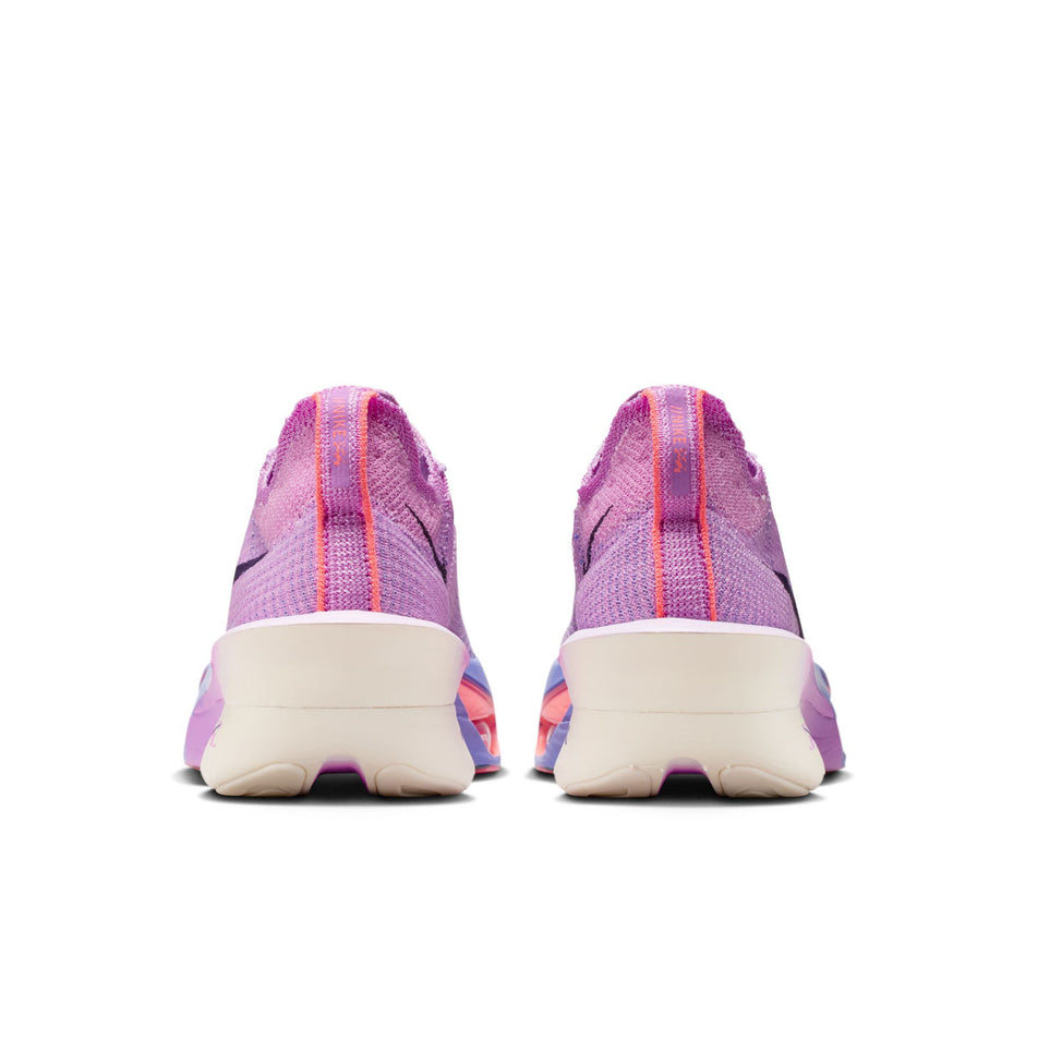 The back of a pair of Nike Women's Alphafly 3 Road Racing Shoes in the Fuchsia Glow/Purple Dynasty colourway.