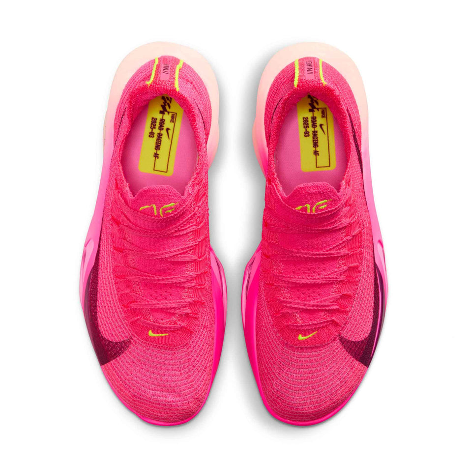 The uppers of a pair of Nike Women's Alphafly 3 Road Racing Shoes in the Hyper Pink/Bordeaux-Crimson Tint colourway. (8756127072418)