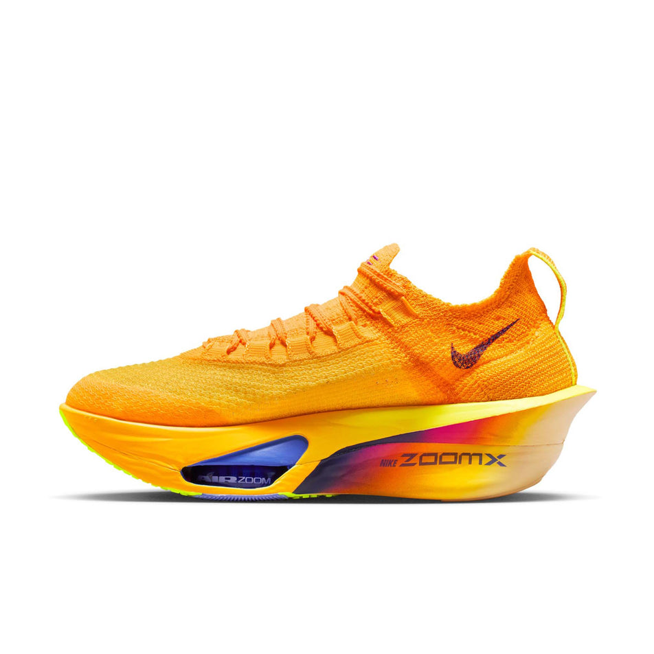 Medial view of the right shoe from a pair of Nike Women's Alphafly 3 Road Racing Shoes in the Laser Orange/Indigo Burst-Citron Pulse colourway.