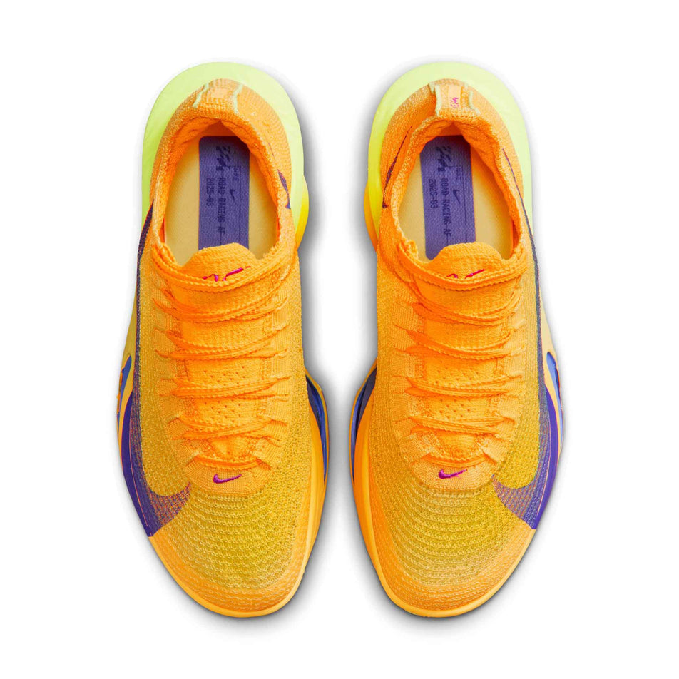 The uppers of a pair of Nike Women's Alphafly 3 Road Racing Shoes in the Laser Orange/Indigo Burst-Citron Pulse colourway.