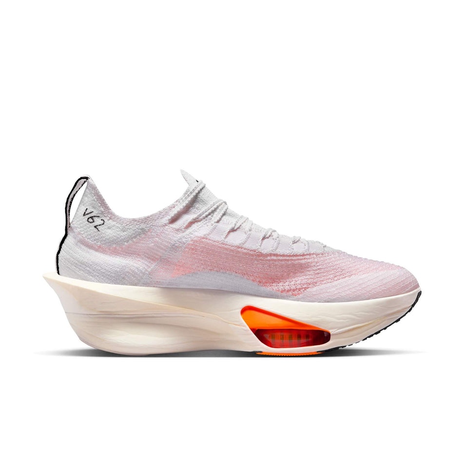 Medial side of the left shoe from a pair of Nike Women's Alphafly 3 Proto Road Racing Shoes in the White/Black-Phantom-Total Orange colourway (8146196562082)