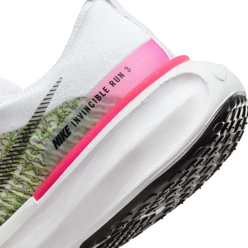 Lateral side of the back of the left shoe from a pair of Nike Men's Invincible 3 Road Running Shoes in the White/Black-Volt-Hyper Pink colourway (7970791424162)