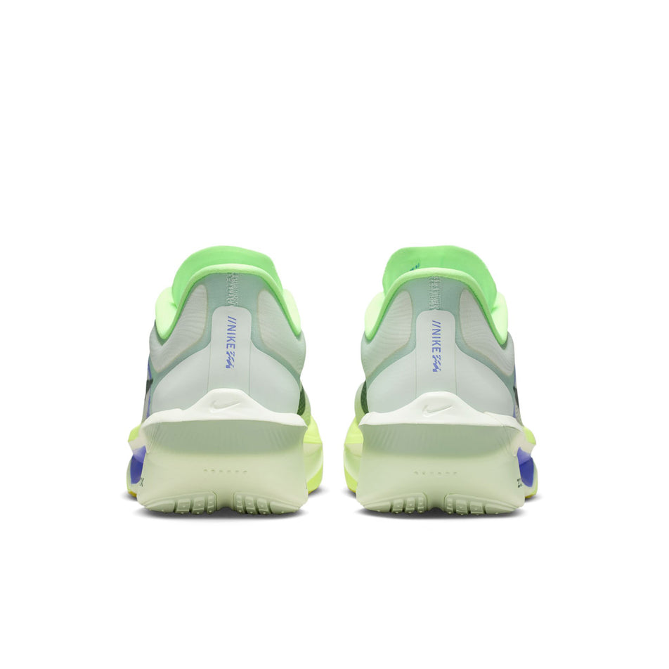 The back of a pair of Nike Men's Zoom Fly 6 Road Running Shoes in the Barely Green/Black Spruce-Volt Ice colourway.