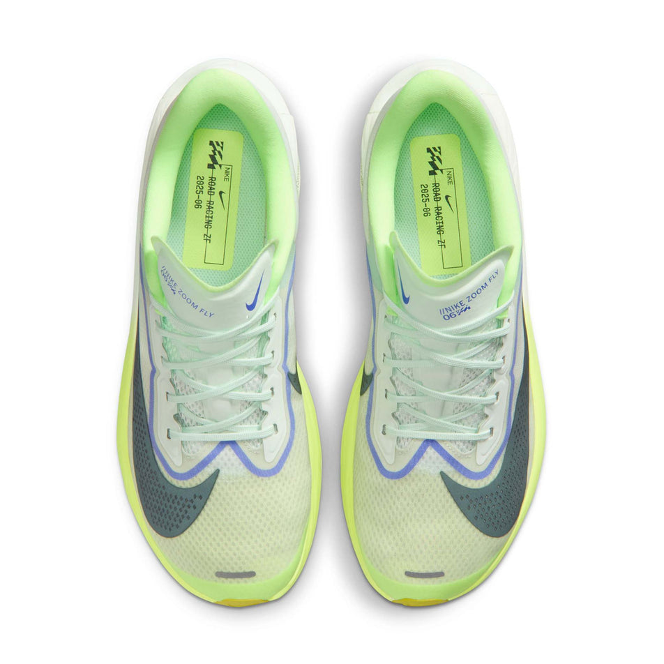 The uppers of a pair of Nike Men's Zoom Fly 6 Road Running Shoes in the Barely Green/Black Spruce-Volt Ice colourway.