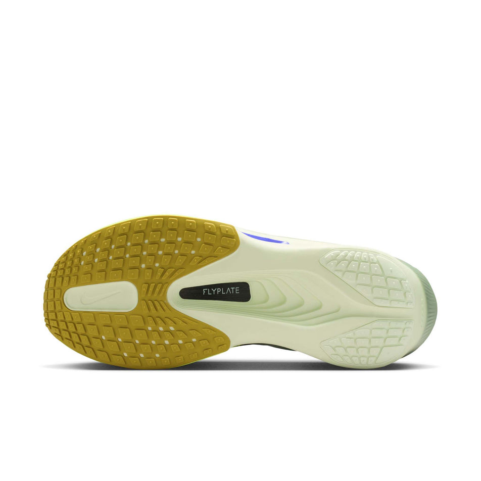 The outsole of the left shoe from a pair of Nike Men's Zoom Fly 6 Road Running Shoes in the Barely Green/Black Spruce-Volt Ice colourway.