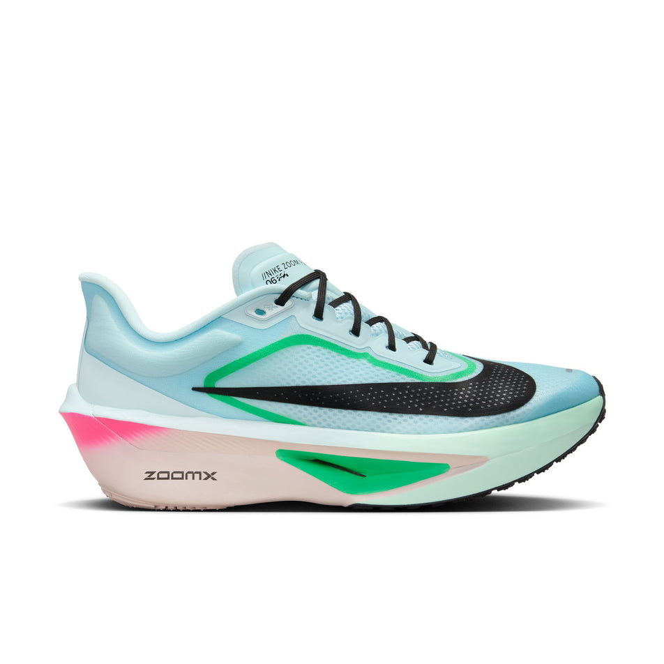 Lateral view of the right shoe from a pair of Nike Men's Zoom Fly 6 Road Running Shoes in the Glacier Ice/Black-Hyper Pink-Green Shock colourway. (8683266441378)