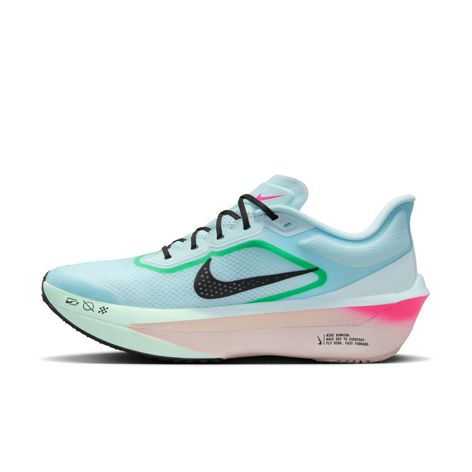 Medial view of the left shoe from a pair of Nike Men's Zoom Fly 6 Road Running Shoes in the Glacier Ice/Black-Hyper Pink-Green Shock colourway. (8683266441378)