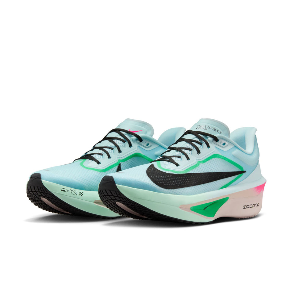 A pair of Nike Men's Zoom Fly 6 Road Running Shoes in the Glacier Ice/Black-Hyper Pink-Green Shock colourway. (8683266441378)