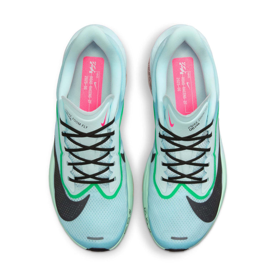 The uppers on a pair of Nike Men's Zoom Fly 6 Road Running Shoes in the Glacier Ice/Black-Hyper Pink-Green Shock colourway. (8683266441378)