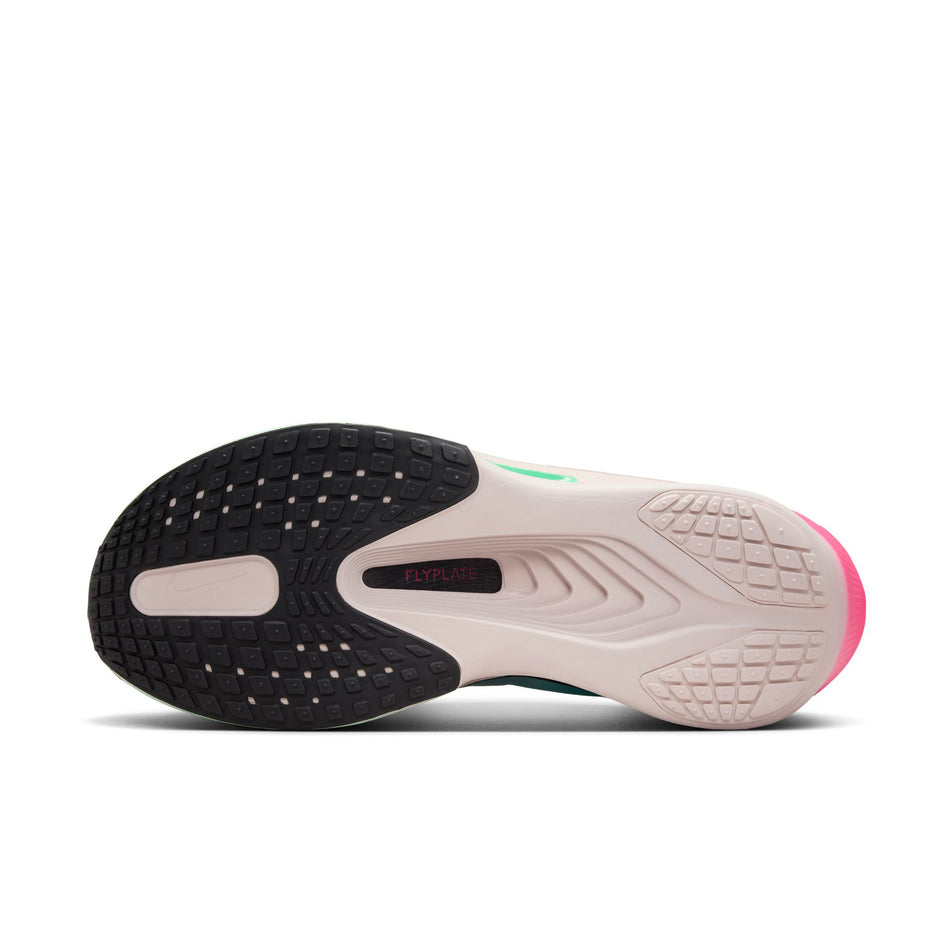 The outsole of the left shoe from a pair of Nike Men's Zoom Fly 6 Road Running Shoes in the Glacier Ice/Black-Hyper Pink-Green Shock colourway. (8683266441378)
