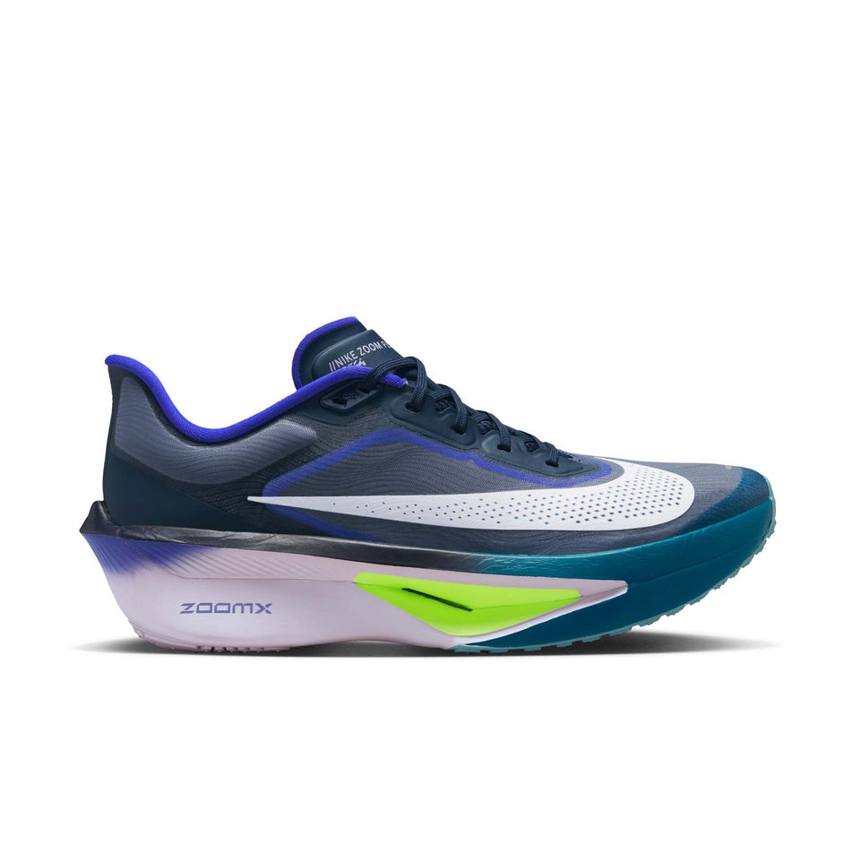 Lateral view of the right shoe from a pair of Nike Men's Zoom Fly 6 Road Running Shoes in the Obsidian/White-Persian Violet-Volt colourway. (8753452351650)