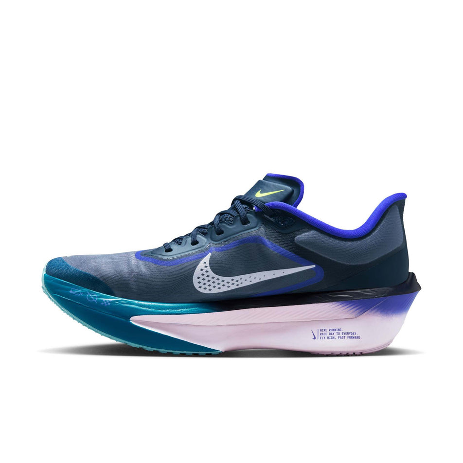Medial view of the right shoe from a pair of Nike Men's Zoom Fly 6 Road Running Shoes in the Obsidian/White-Persian Violet-Volt colourway. (8753452351650)
