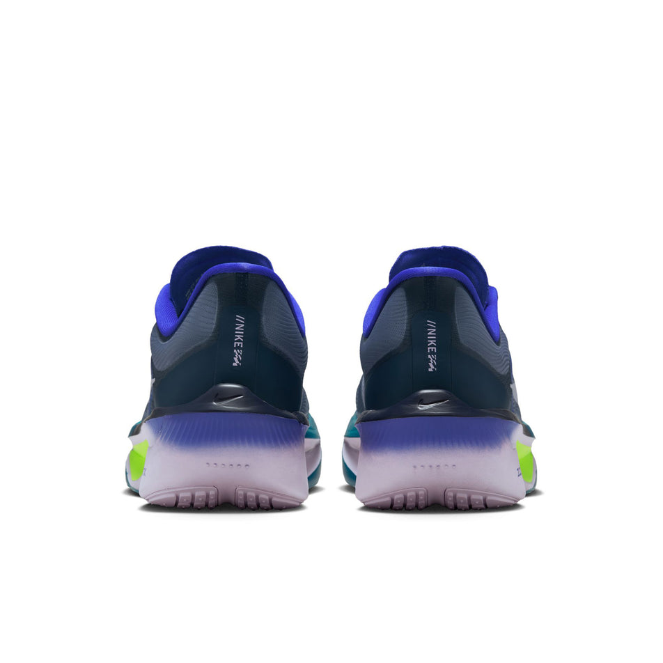 The back of a pair of Nike Men's Zoom Fly 6 Road Running Shoes in the Obsidian/White-Persian Violet-Volt colourway. (8753452351650)