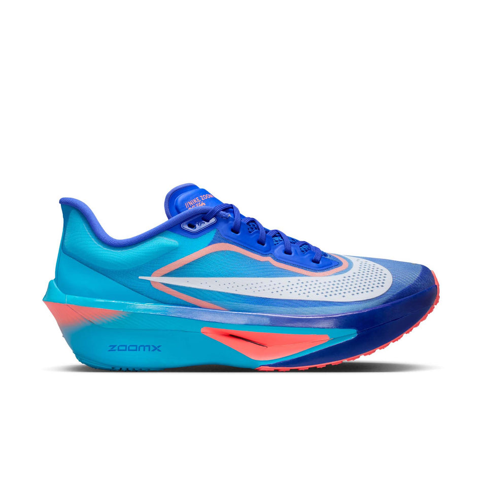 Lateral view of the right shoe from a pair of Nike Men's Zoom Fly 6 Road Running Shoes in the Racer Blue/White-Blue Lightning colourway.