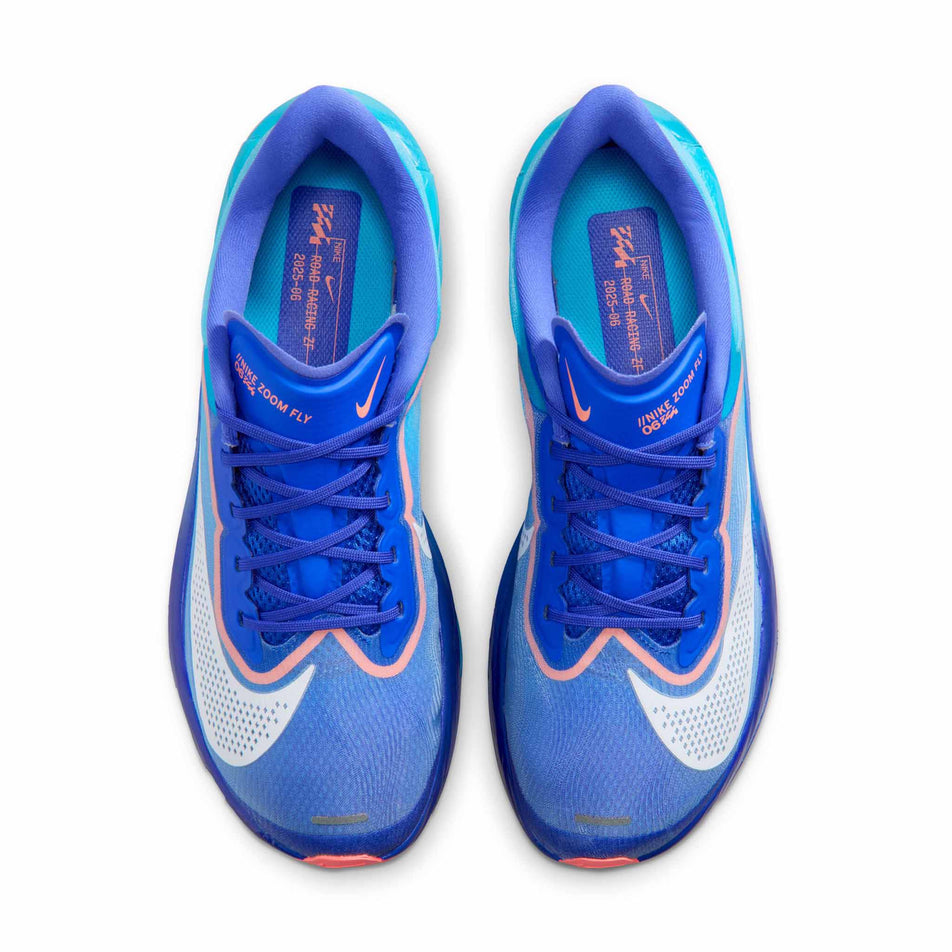 The uppers of a pair of Nike Men's Zoom Fly 6 Road Running Shoes in the Racer Blue/White-Blue Lightning colourway.
