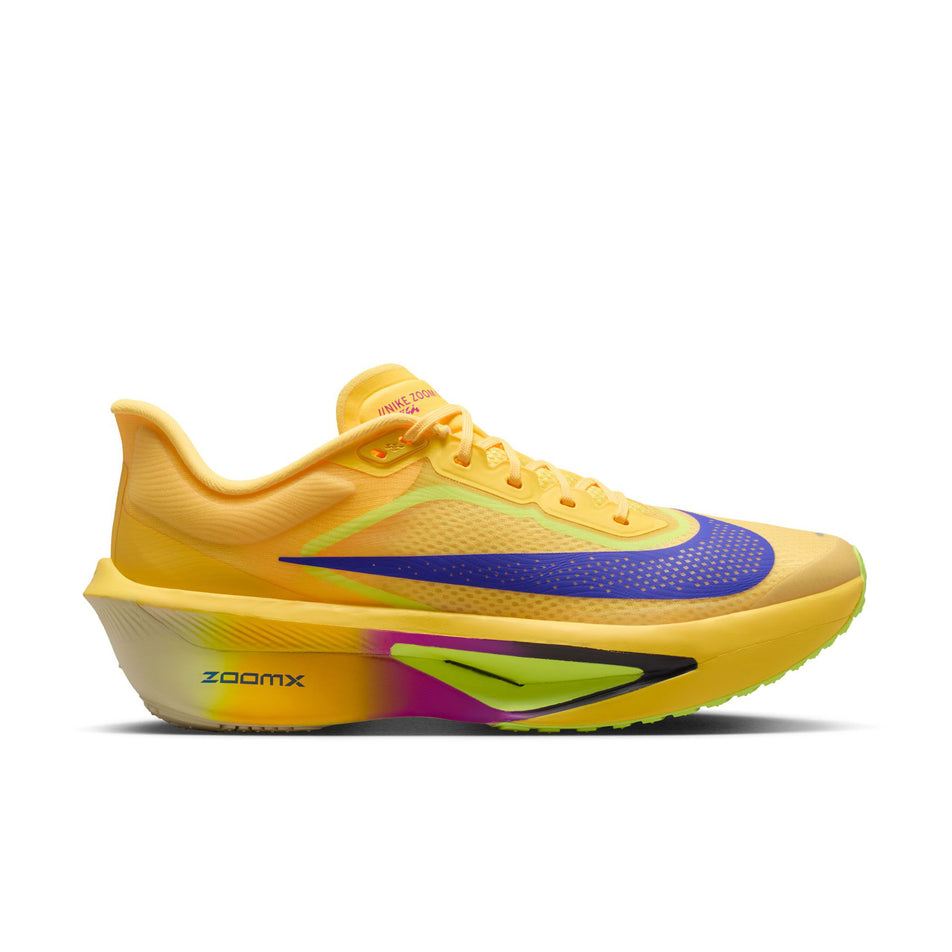 Lateral view of the right shoe from a pair of Nike Men's Zoom Fly 6 Road Running Shoes in the Citron Pulse/Indigo Burst-Volt Ice colourway.