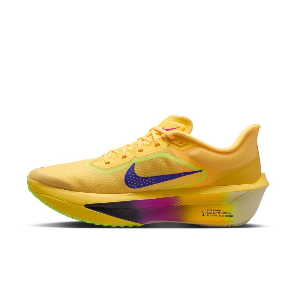 Medial view of the right shoe from a pair of Nike Men's Zoom Fly 6 Road Running Shoes in the Citron Pulse/Indigo Burst-Volt Ice colourway.