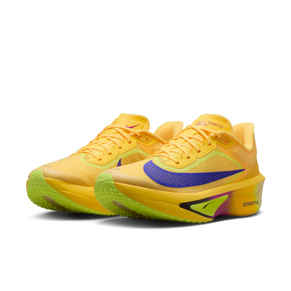 A pair of Nike Men's Zoom Fly 6 Road Running Shoes in the Citron Pulse/Indigo Burst-Volt Ice colourway.
