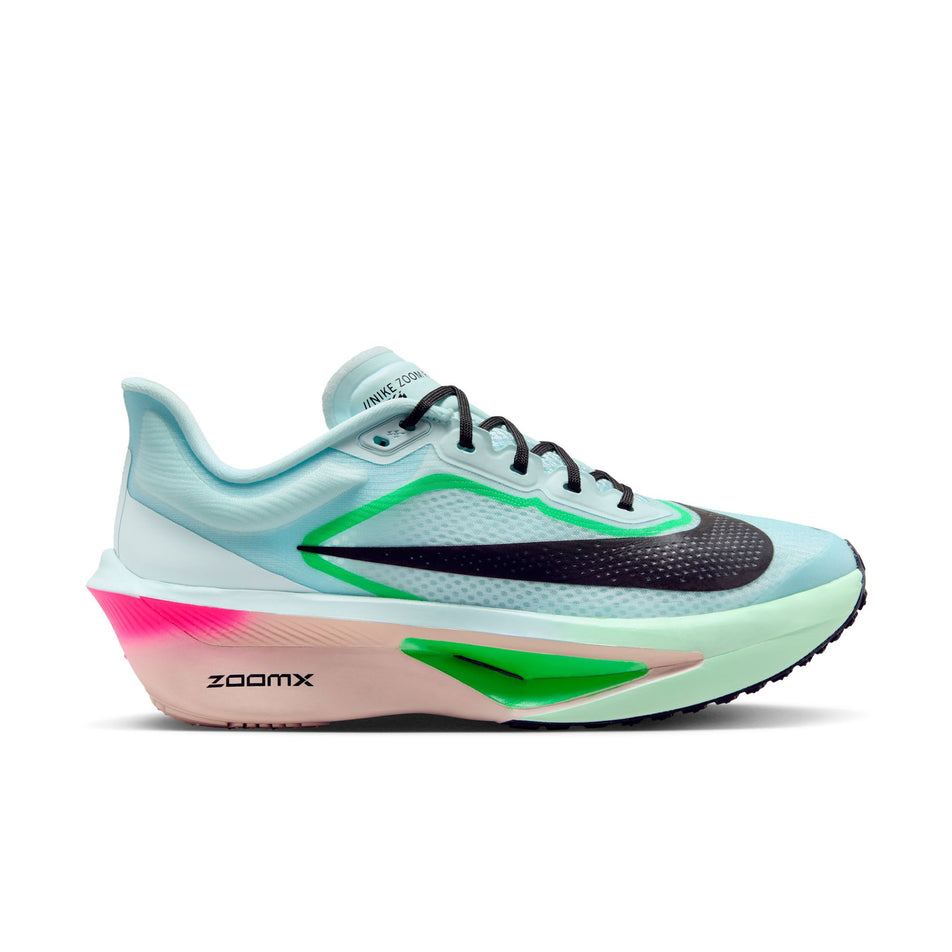 Lateral view of the right shoe from a pair of Nike Women's Zoom Fly 6 Road Running Shoes in the Glacier Ice/Black-Hyper Pink-Green Shock colourway. (8684678250658)