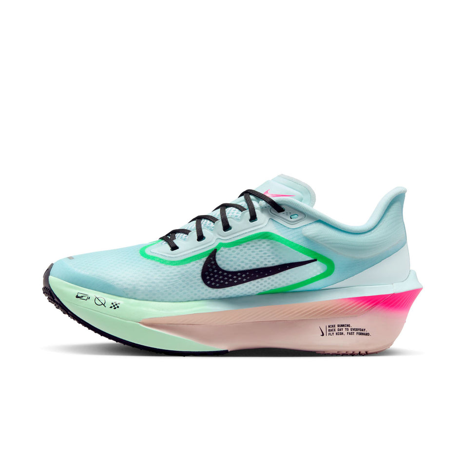 Medial view of the right shoe from a pair of Nike Women's Zoom Fly 6 Road Running Shoes in the Glacier Ice/Black-Hyper Pink-Green Shock colourway. (8684678250658)