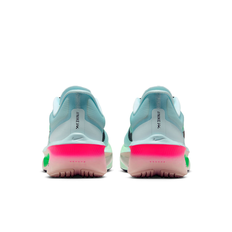 The back of a pair of Nike Women's Zoom Fly 6 Road Running Shoes in the Glacier Ice/Black-Hyper Pink-Green Shock colourway. (8684678250658)