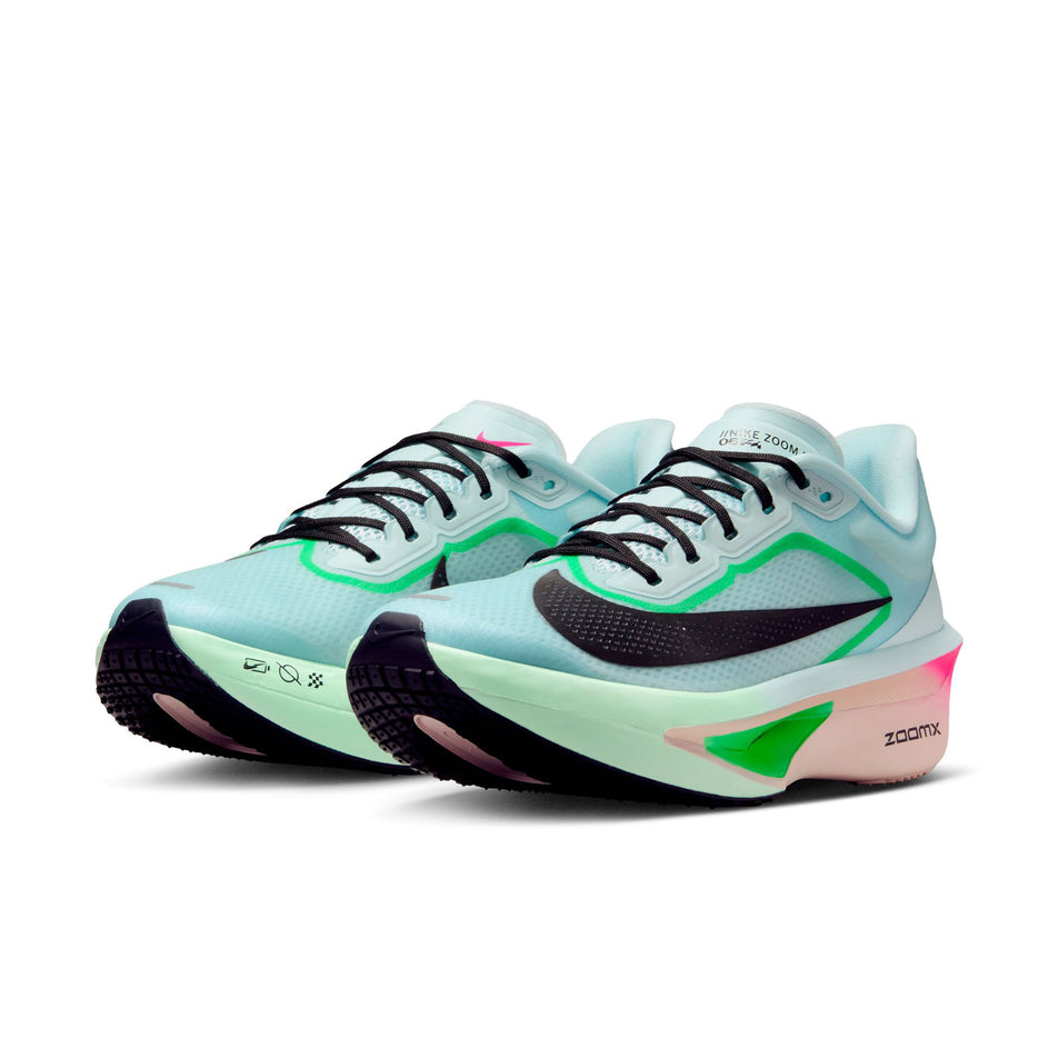 A pair of Nike Women's Zoom Fly 6 Road Running Shoes in the Glacier Ice/Black-Hyper Pink-Green Shock colourway. (8684678250658)