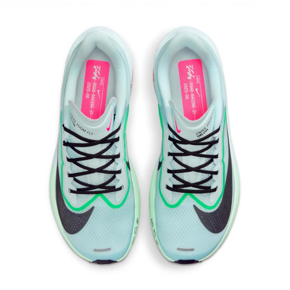 The uppers of a pair of Nike Women's Zoom Fly 6 Road Running Shoes in the Glacier Ice/Black-Hyper Pink-Green Shock colourway. (8684678250658)