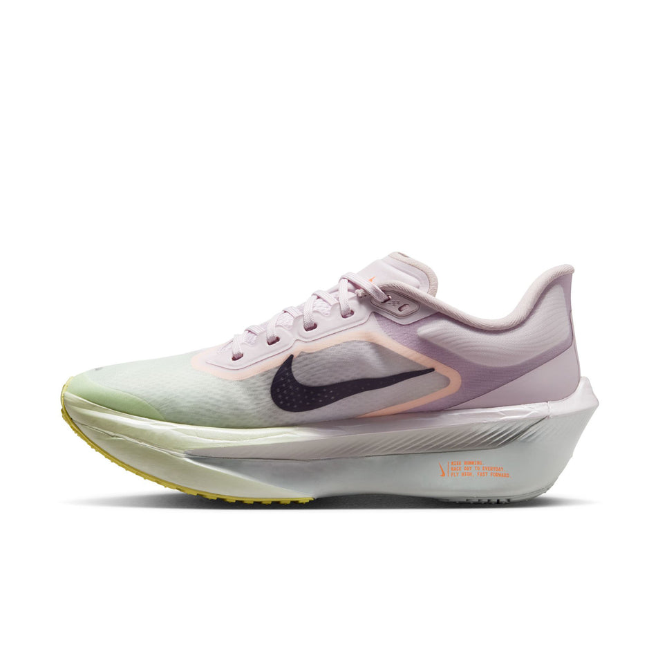 Medial view of the right shoe from a pair of Nike Women's Zoom Fly 6 Road Running Shoes in the Bleached Lilac/Purple Dynasty-Volt Tint colourway.