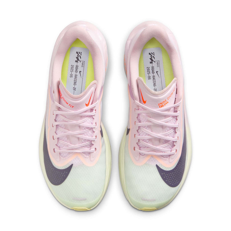 The uppers of a pair of Nike Women's Zoom Fly 6 Road Running Shoes in the Bleached Lilac/Purple Dynasty-Volt Tint colourway.