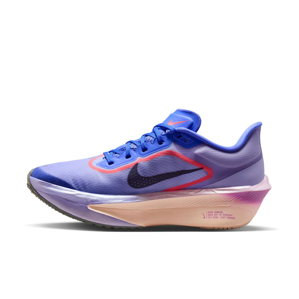 Medial view of the right shoe from a pair of Nike Women's Zoom Fly 6 Road Running Shoes in the Violet Mist/Purple Dynasty-Hot Lava colourway.