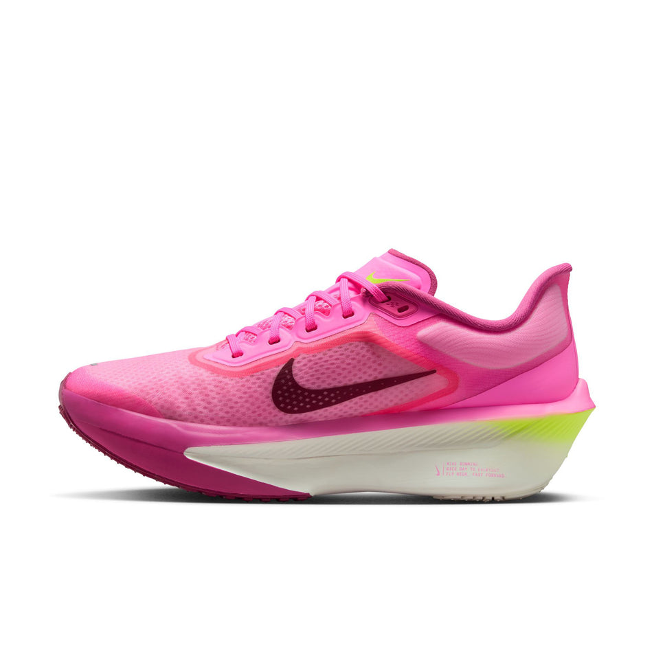 Medial view of the right shoe from a pair of Nike Women's Zoom Fly 6 Road Running Shoes in the Pink Spell/Bordeaux-Crimson Tint colourway. (8756143620258)