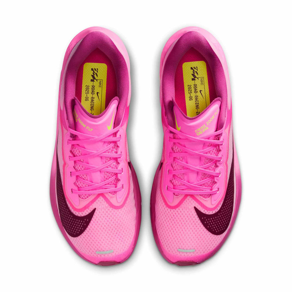 The uppers of a pair of Nike Women's Zoom Fly 6 Road Running Shoes in the Pink Spell/Bordeaux-Crimson Tint colourway. (8756143620258)