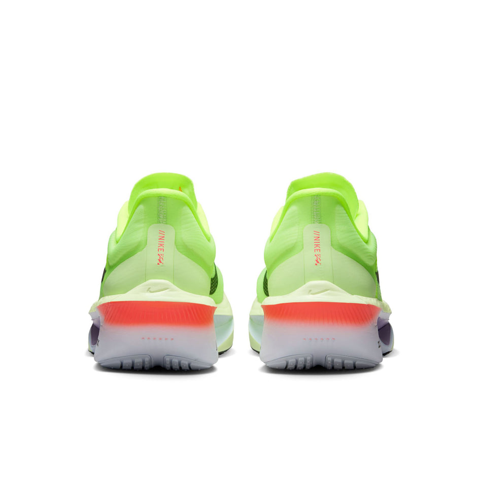 The back of a pair of Nike Women's Zoom Fly 6 Road Running Shoes in the Barely Volt/Off Noir-Volt-Blue Tint colourway. (8614606995618)