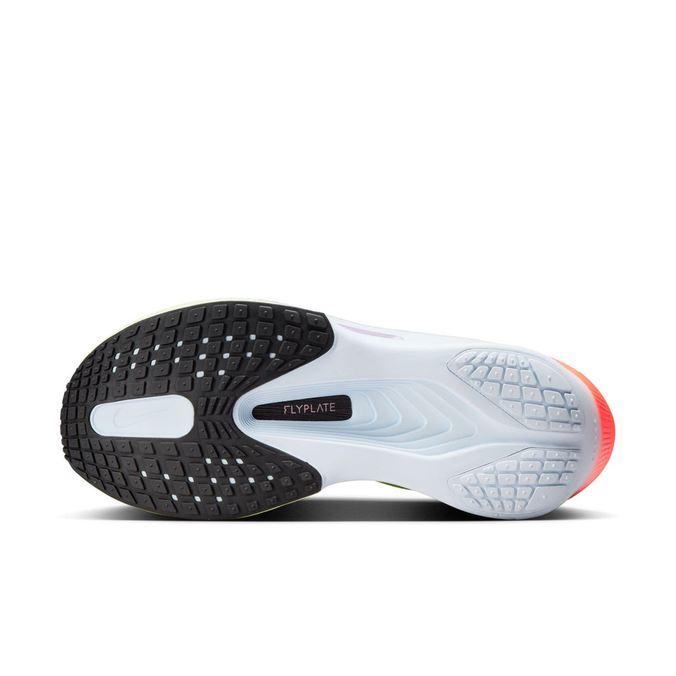 The outsole of the left shoe from a pair of Nike Women's Zoom Fly 6 Road Running Shoes in the Barely Volt/Off Noir-Volt-Blue Tint colourway. (8614606995618)