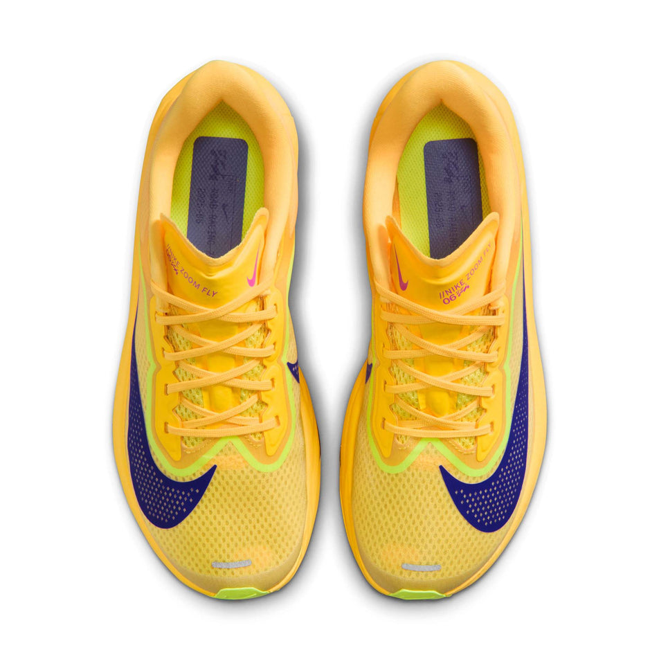 The uppers of a pair of Nike Women's Zoom Fly 6 Road Running Shoes in the Citron Pulse/Indigo Burst-Volt Ice colourway.
