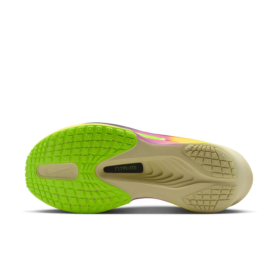 The outsole of the left shoe from a pair of Nike Women's Zoom Fly 6 Road Running Shoes in the Citron Pulse/Indigo Burst-Volt Ice colourway.
