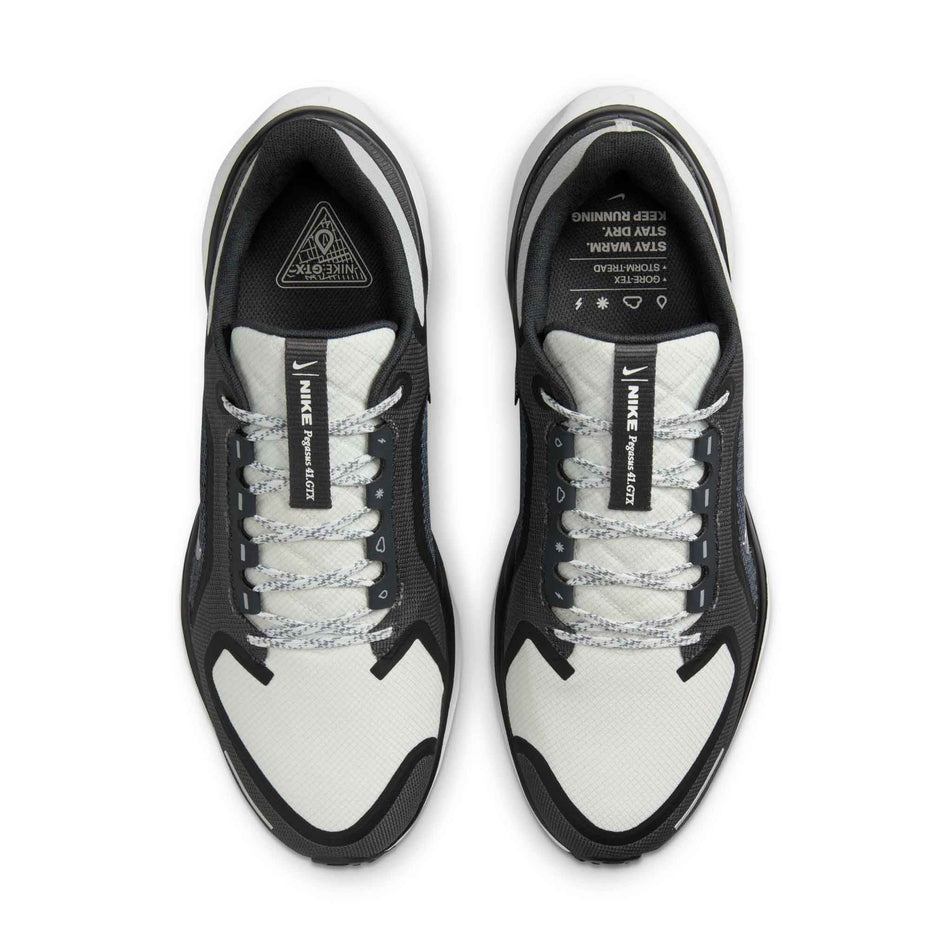 The uppers of a pair of Nike Men's Pegasus 41 GORE-TEX Road Running Shoes in the Black/Summit White-Anthracite-Iron Grey colourway. (8754793185442)