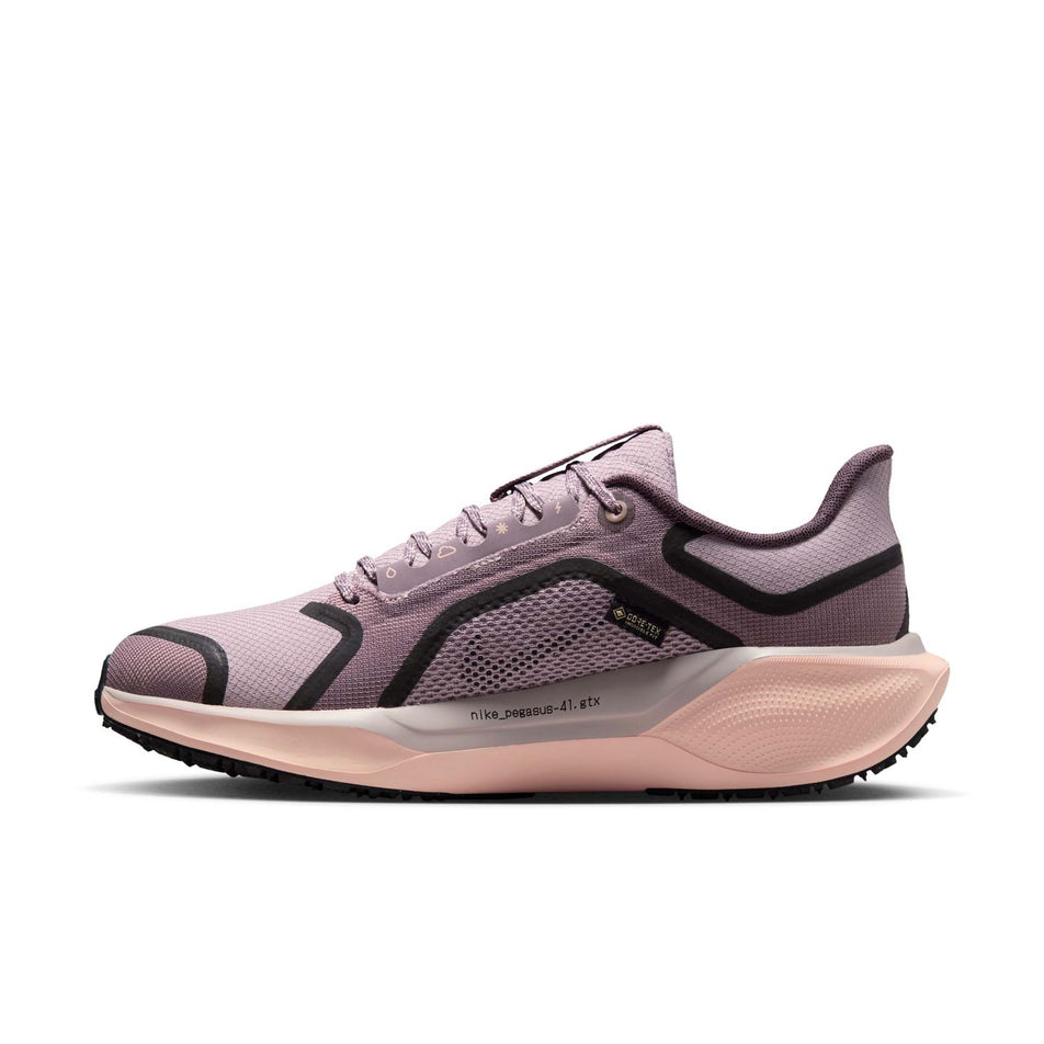 Medial view of the right shoe from a pair of Nike Women's Pegasus 41 GORE-TEX Road Running Shoes in the Platinum Violet/Black-Crimson Tint colourway. (8756153417890)