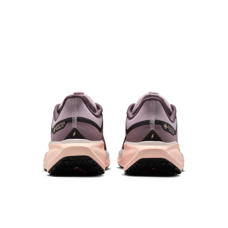 The back of a pair of Nike Women's Pegasus 41 GORE-TEX Road Running Shoes in the Platinum Violet/Black-Crimson Tint colourway. (8756153417890)
