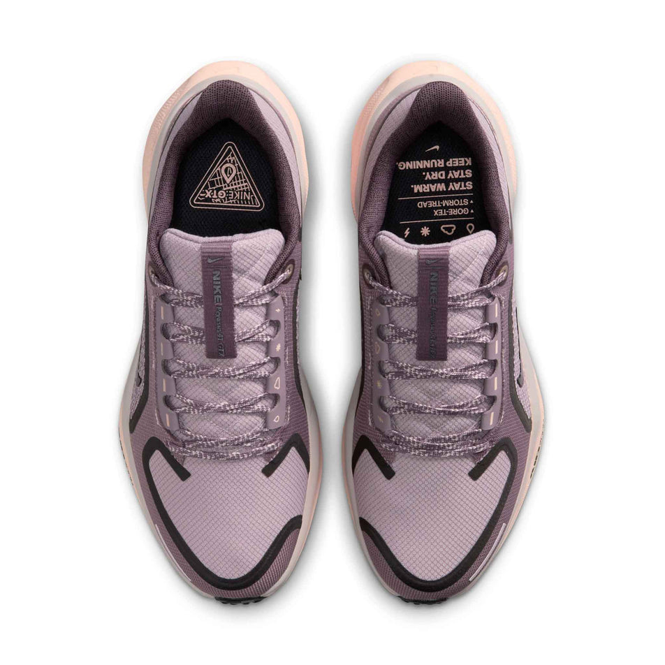 The uppers of a pair of Nike Women's Pegasus 41 GORE-TEX Road Running Shoes in the Platinum Violet/Black-Crimson Tint colourway. (8756153417890)