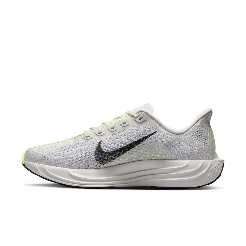 Medial view of the right shoe from a pair of Nike Women's Pegasus Plus Road Running Shoes in the Platinum Tint/Black-Pure Platinum colourway. (8724633059490)