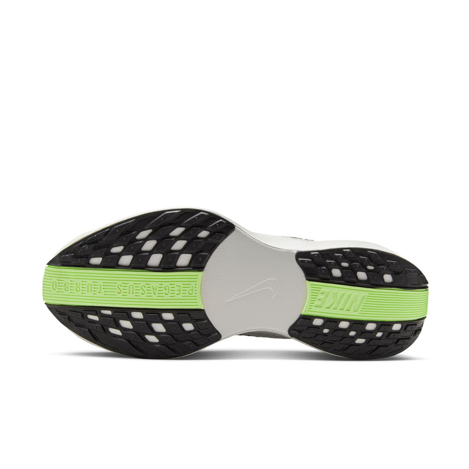 The outsole of the left shoe from a pair of Nike Women's Pegasus Plus Road Running Shoes in the Platinum Tint/Black-Pure Platinum colourway. (8724633059490)
