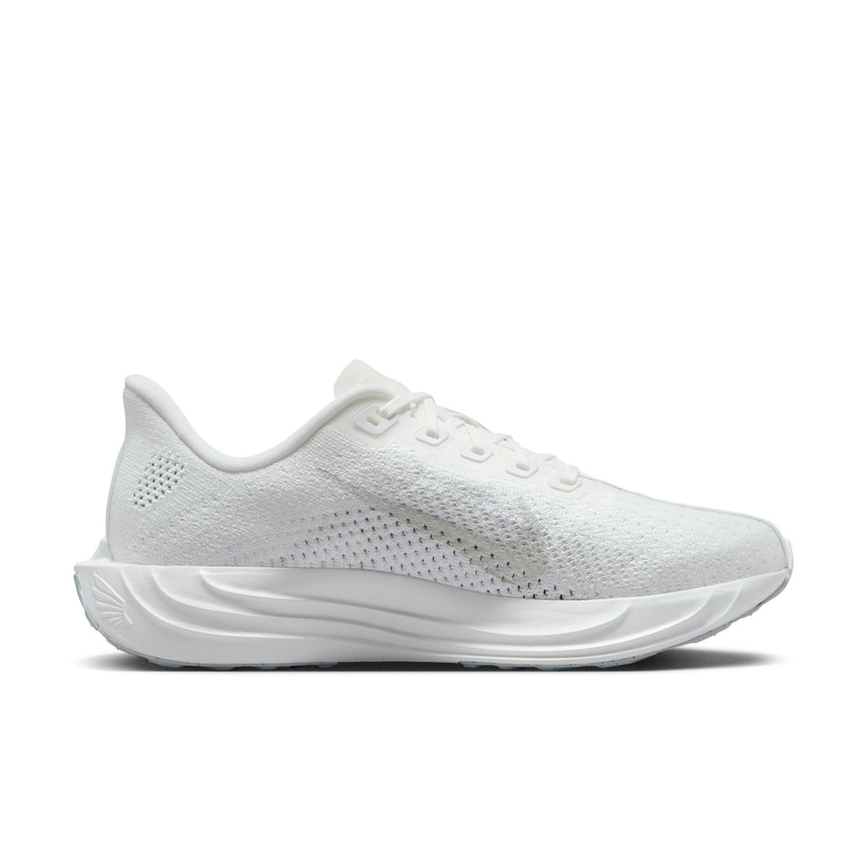 Medial view of the left shoe from a pair of Nike Women's Pegasus Plus Road Running Shoes in the White/Pure Platinum-Wolf Grey colourway. (8614634029218)