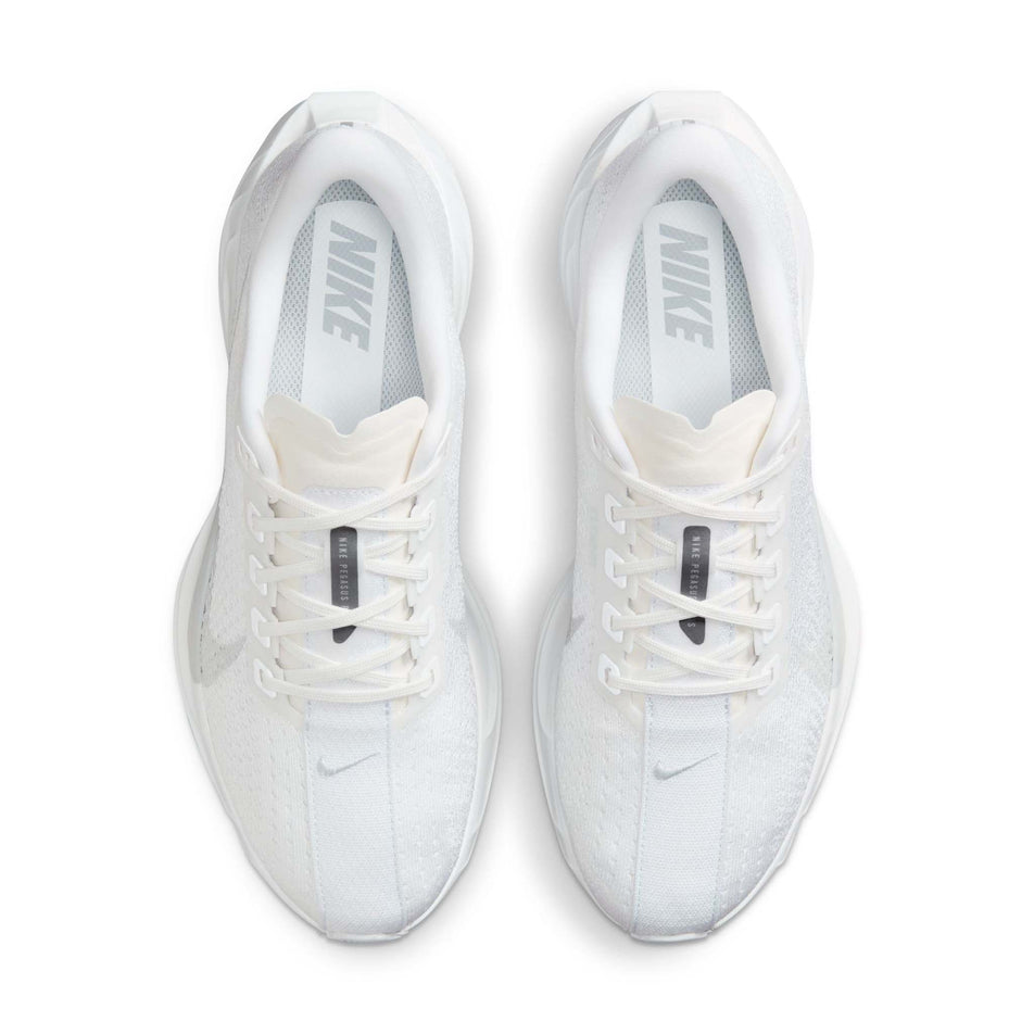 The uppers on a pair of Nike Women's Pegasus Plus Road Running Shoes in the White/Pure Platinum-Wolf Grey colourway. (8614634029218)
